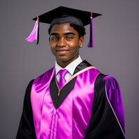 a man in a purple graduation gown posing for a photo