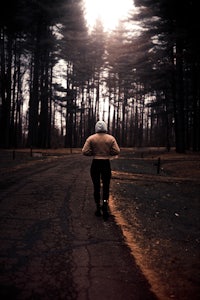 a person walking down a road in the woods
