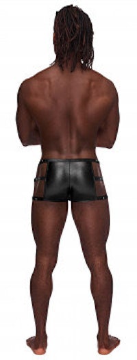the back view of a man in black leather shorts