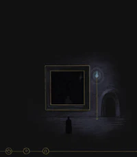 a dark room with a man standing in front of a mirror