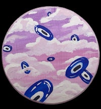 a painting of a pink cloud with blue eyes on it