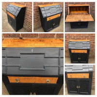 a collection of photos of a black and wooden desk