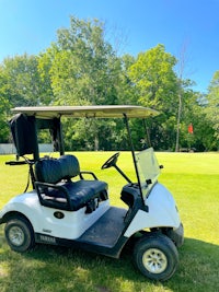 a white golf cart parked on a grassy field