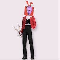 a woman in a red jacket and black pants is standing next to a bunny
