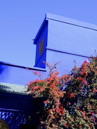 a blue building with red flowers
