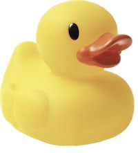 a yellow rubber duck sitting on a white background