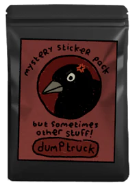 a black crow on a black background with the words'mystery sticker pack'