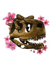 a t - rex skull with pink flowers on it