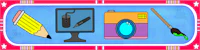 a picture of a camera, pencil, and other items