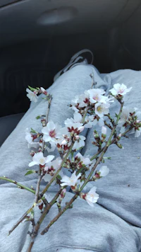 a person is sitting in a car with a bunch of flowers