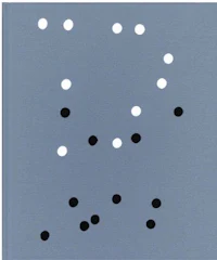 a black and white painting with dots on a blue background