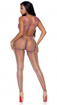 the back of a woman in colorful fishnet leggings