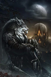 an image of a wolf with a sword in front of a castle
