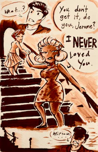 a drawing of a woman and a man on a staircase
