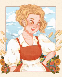 an illustration of a girl in an apron with sunflowers