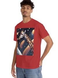 a man wearing a red t - shirt with a giraffe in space
