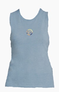 a blue tank top with a gold logo on it