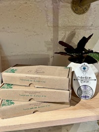 three boxes of soap sit on a shelf next to a plant