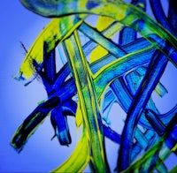 a painting of blue and yellow paint on a blue background