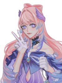 a girl with pink hair and blue eyes making a peace sign