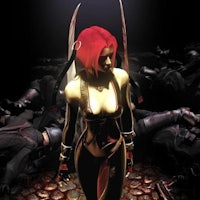 a woman with red hair standing in front of a group of dead people
