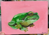 a painting of a green frog on a pink background