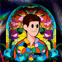 a stained glass image of a man with flowers