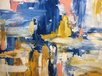 an abstract painting with blue, yellow and orange colors