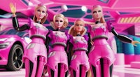 three barbie dolls standing in front of a pink car