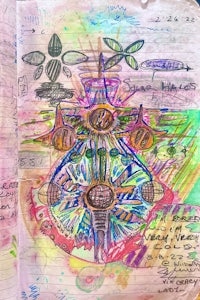 an open notebook with colorful drawings on it