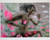 a painting of a woman running through a field of roses