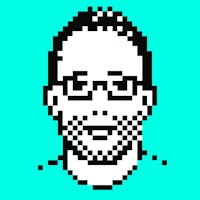 a pixelated image of a man with glasses
