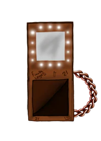 a brown box with a mirror and lights on it