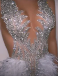 the back of a woman's dress with feathers on it