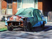 a painting of a blue covered car in front of a house