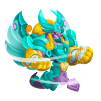 a blue and purple character with wings and a sword