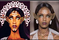 two pictures of a woman with egyptian makeup on her face