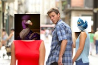 a man and a woman standing next to a bird