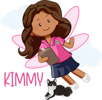 a cartoon girl with a cat and the word kimmy
