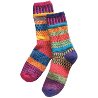 a pair of colorful socks on a black background