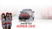 a group of girls standing next to a car with the words smoking used honda civic