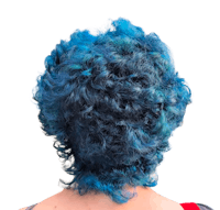 the back view of a woman with blue curly hair