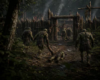 a group of people walking through a wooded area