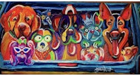 a painting of dogs in the back of a car
