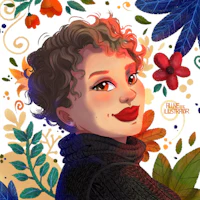 an illustration of a girl with curly hair and flowers