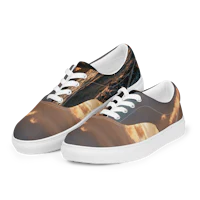 a pair of women's shoes with an image of a sunset