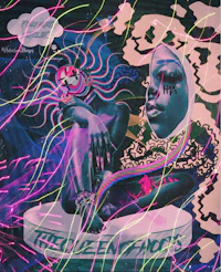 a painting of a woman sitting on a bed with neon lights