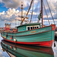 a fishing boat docked in a harbor with clouds in the background