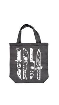 a gray tote bag with knives on it