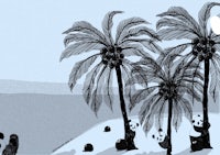 an illustration of a beach with palm trees and a moon